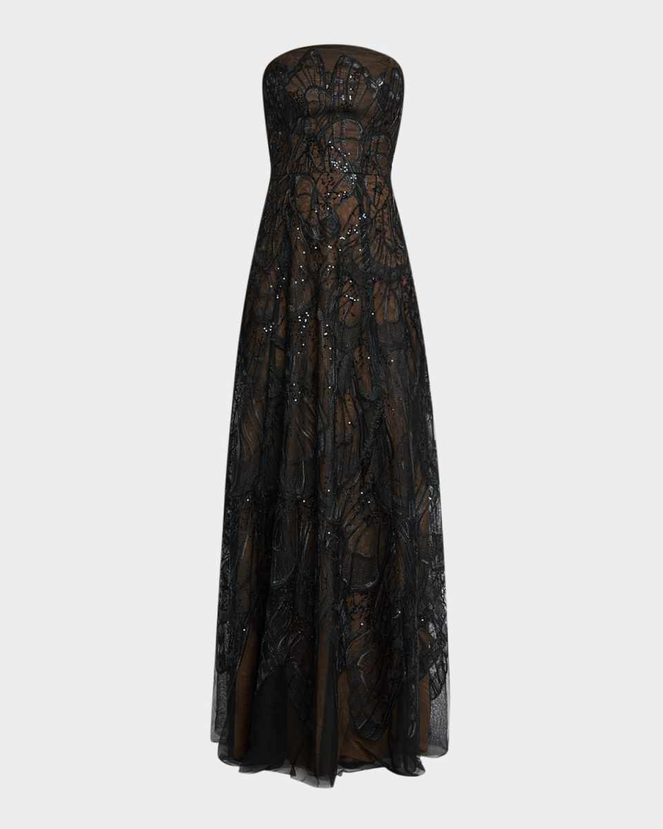 Strapless Sequin Embroidered Gown